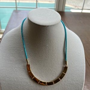 Adjustable gold and rhinestone necklace with turquoise rope